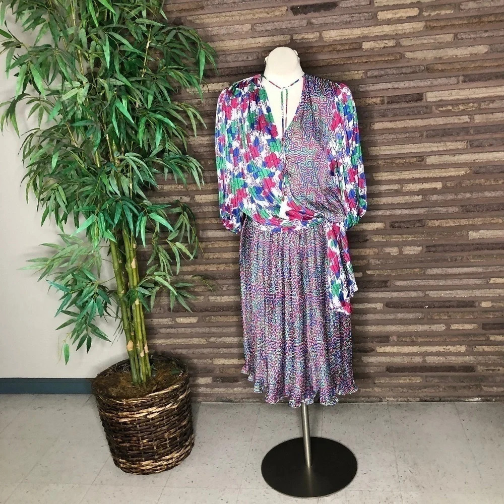 Diane Freis Vintage 80s Colorful Accordion Pleated Blouson Dress